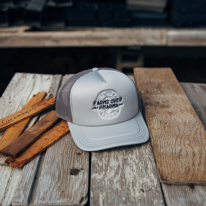 FARMS OVER PHARMA TRUCKER HAT (GREY WITH BLACK/WHITE)