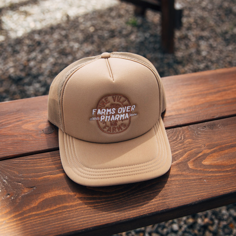 FARMS OVER PHARMA TRUCKER HAT (TAN WITH WHITE/BROWN)