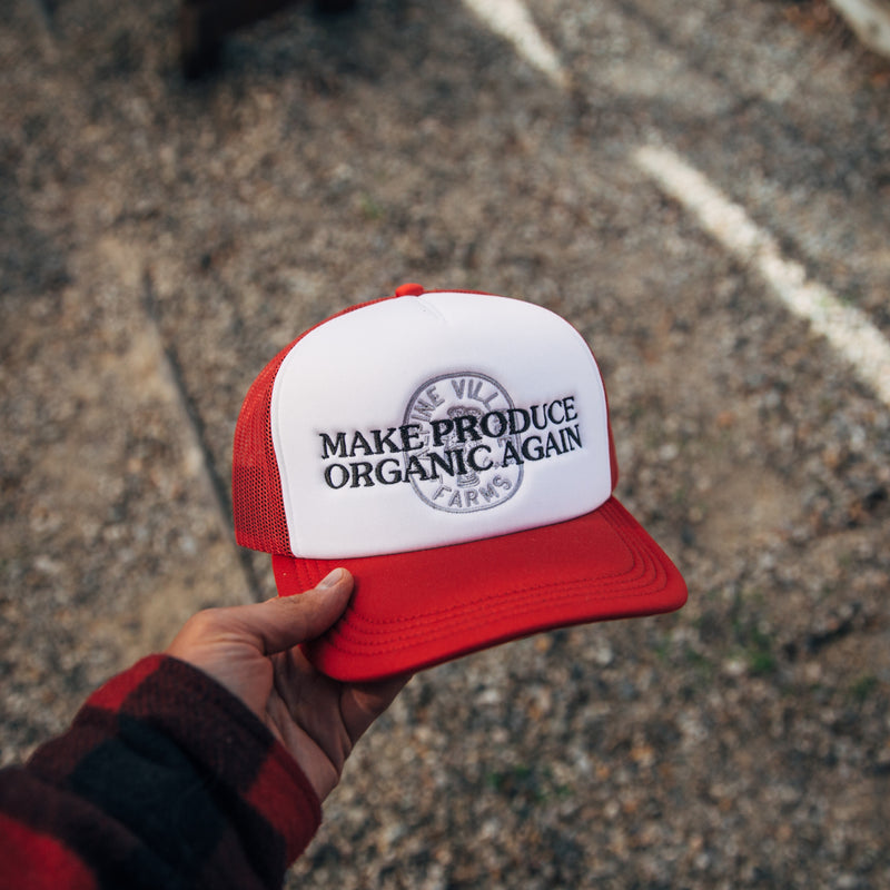 MAKE PRODUCE ORGANIC AGAIN TRUCKER HAT (RED/WHITE WITH BLACK/CHARCOAL)